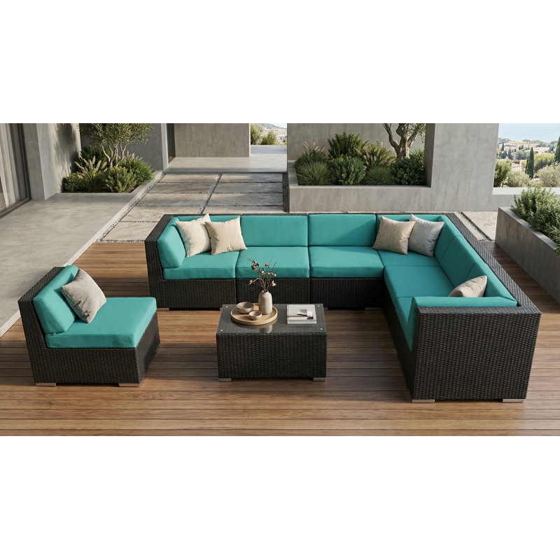 Ensemble de conversation en osier pour 7 personnes avec coussins Billyjo Wicker, Toile Aruba Sunbrella®, Noir