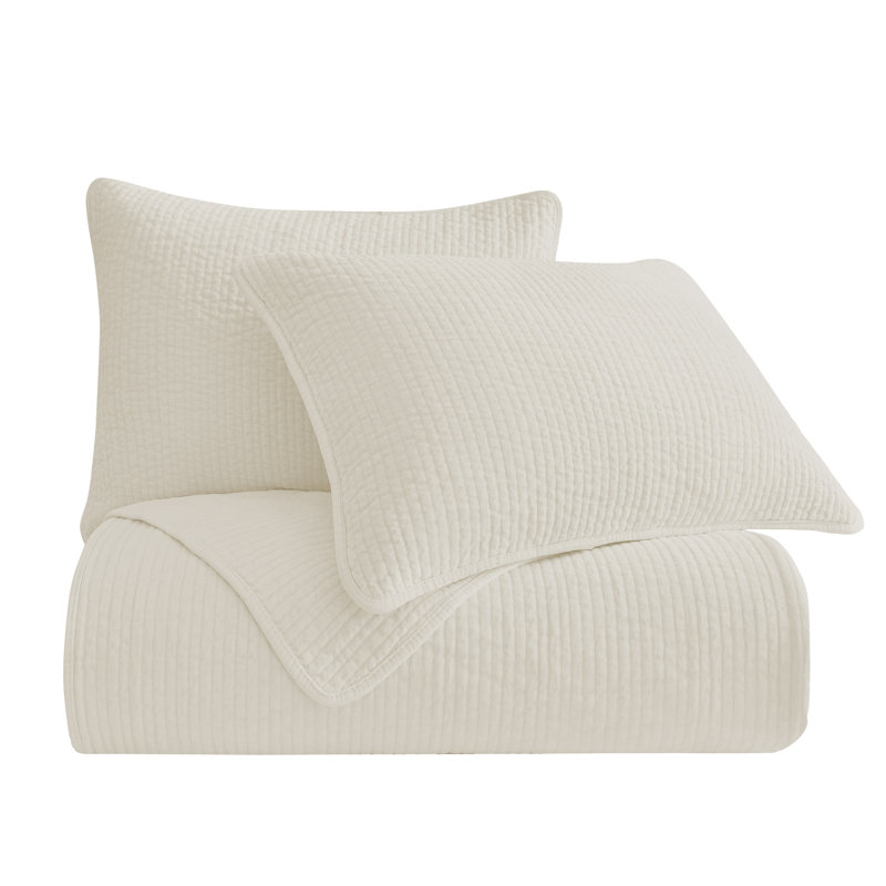 Stonewashed Cotton Velvet Modern Rustic Quilt Set, King Quilt  + 2 King Shams, Vintage White