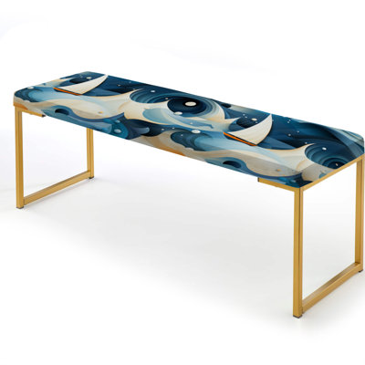 Blue And White Wave - Coastal Upholstered Gold Bench
