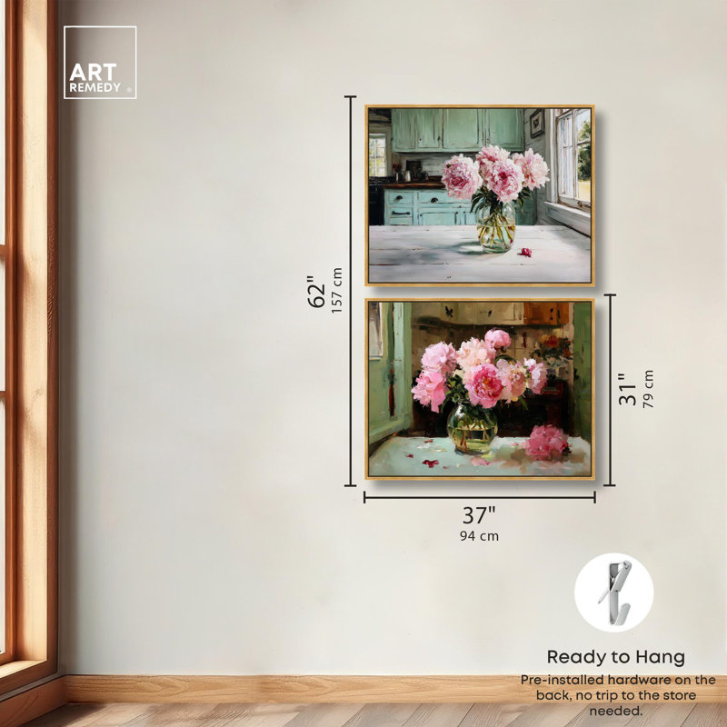 Ensemble de 2 décorations murales en toile Blush Pink par Art Remedy, cadre doré, 36 x 30, H 31 po x l 37 po, Cadre doré