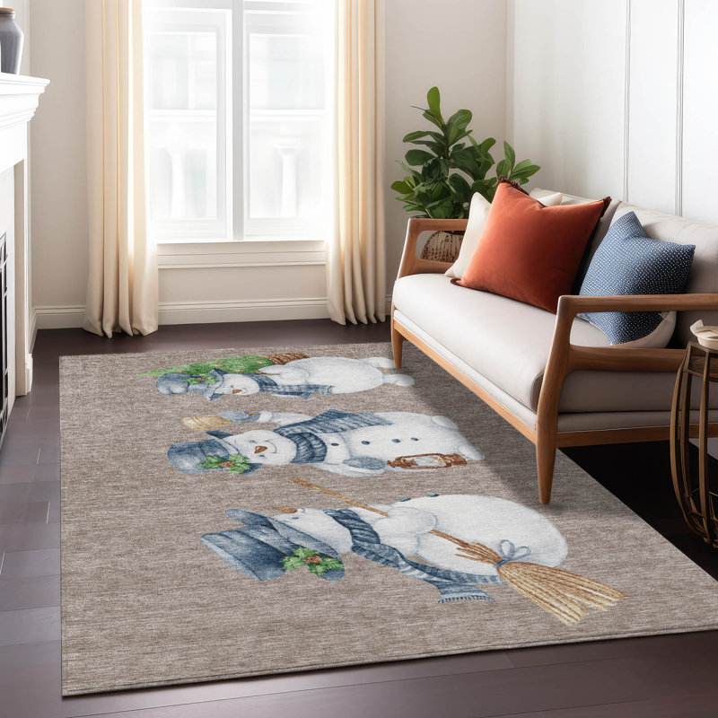 Machine Washable Indoor/Outdoor Christmas Snowman Xhevrie Taupe Rug, Rectangle 3' x 5'