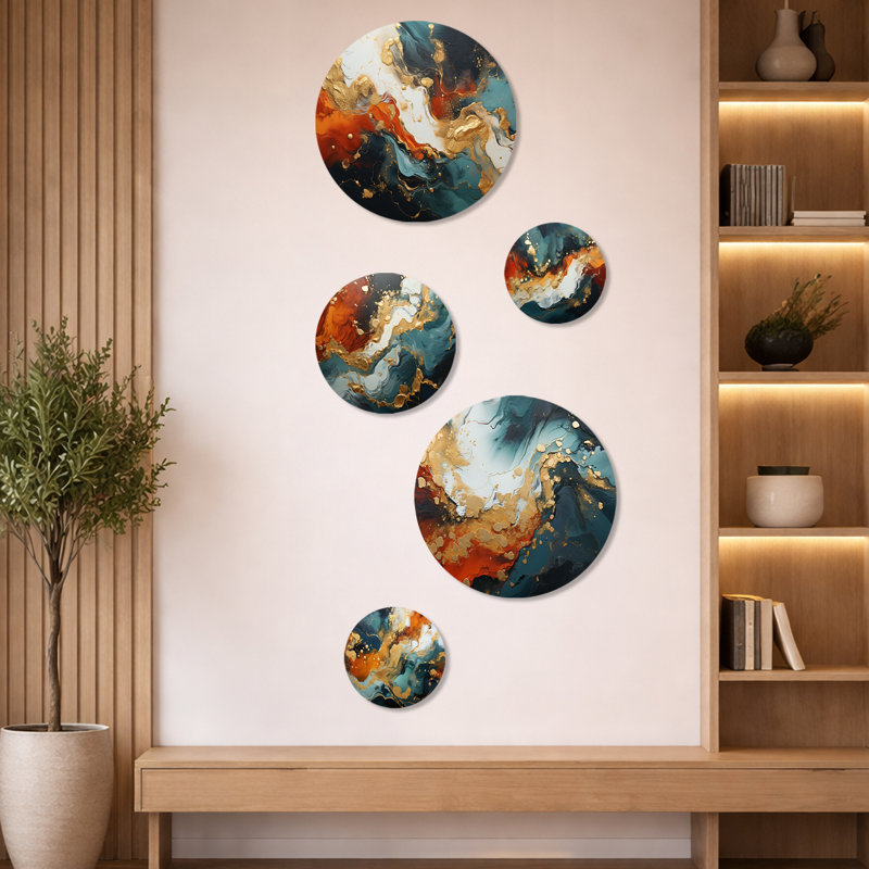 Tempête de marbre bleu et doré II - ensemble de 5 décorations murales en peinture abstraite
