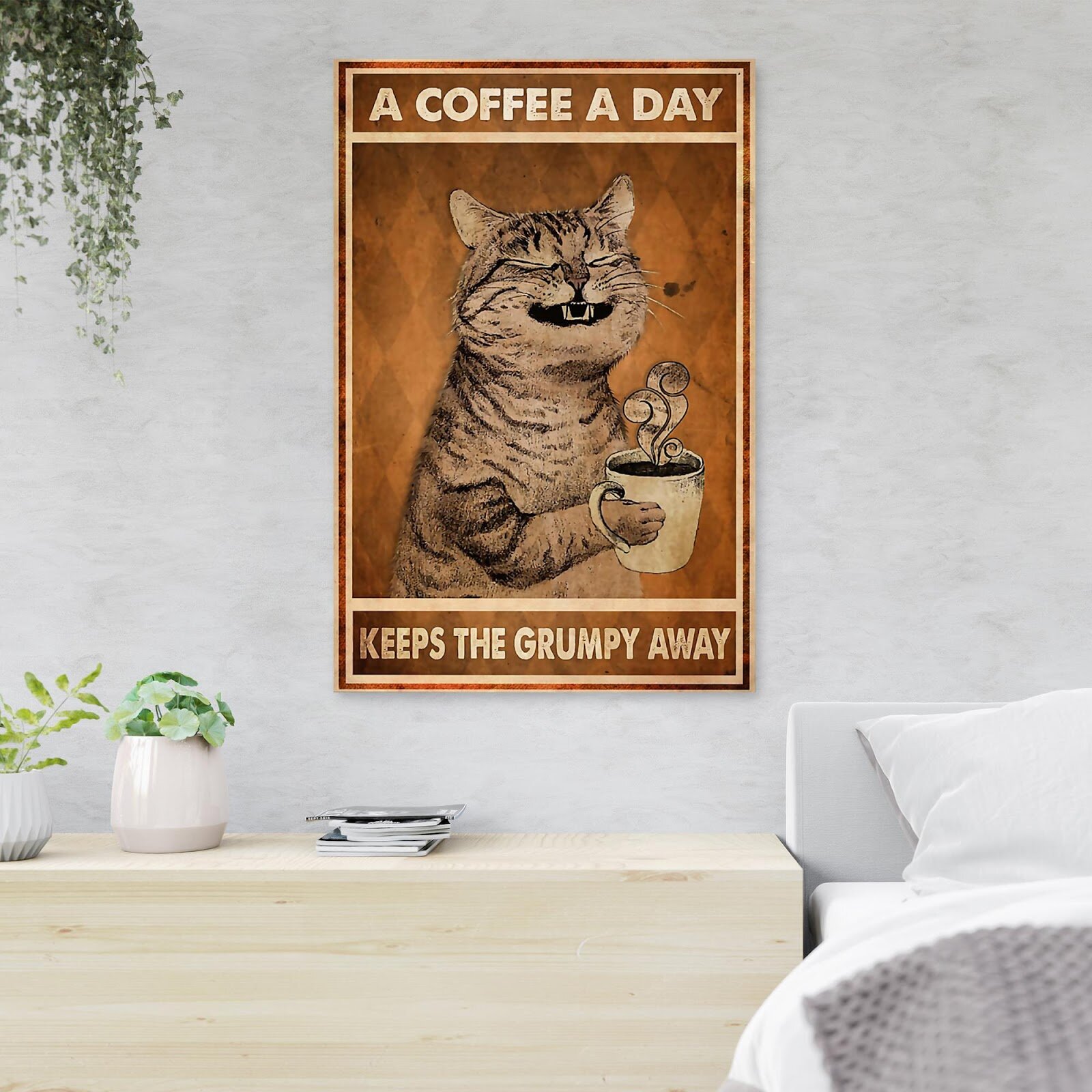 Tuxedo Cat Drink Coffee and Know Things - Wrapped Canvas Textual Art Trinx Size: 14 H x 11 W x 1.25 D