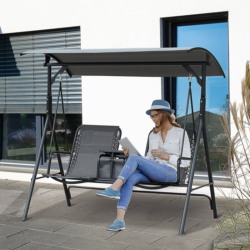 Gray 2-Person Outdoor Swing with Canopy and Storage Table