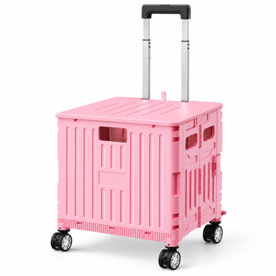  Folding Rolling Utility Cart with Lid, Collapsible Storage Crate with Wheels and Lockable Storage, Pink