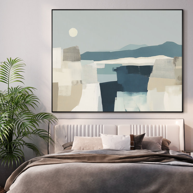 Paysage géométrique abstrait en bleu doux et beige - très grand art mural encadré (assemblage requis), H 46 po x l 60 po