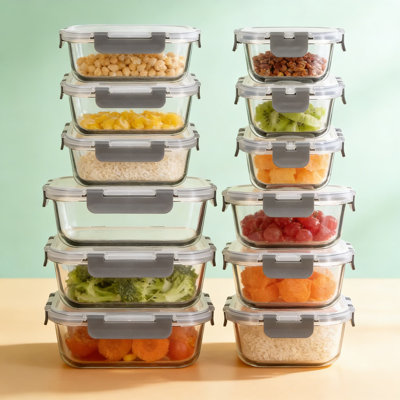 Glass Food Storage Containers Set With Lids, 12-Pack Airtight Meal Prep Containers, Leak Proof BPA-Free Glass Containers For Kitchen, Microwave, Oven, Freezer & Dishwasher Safe