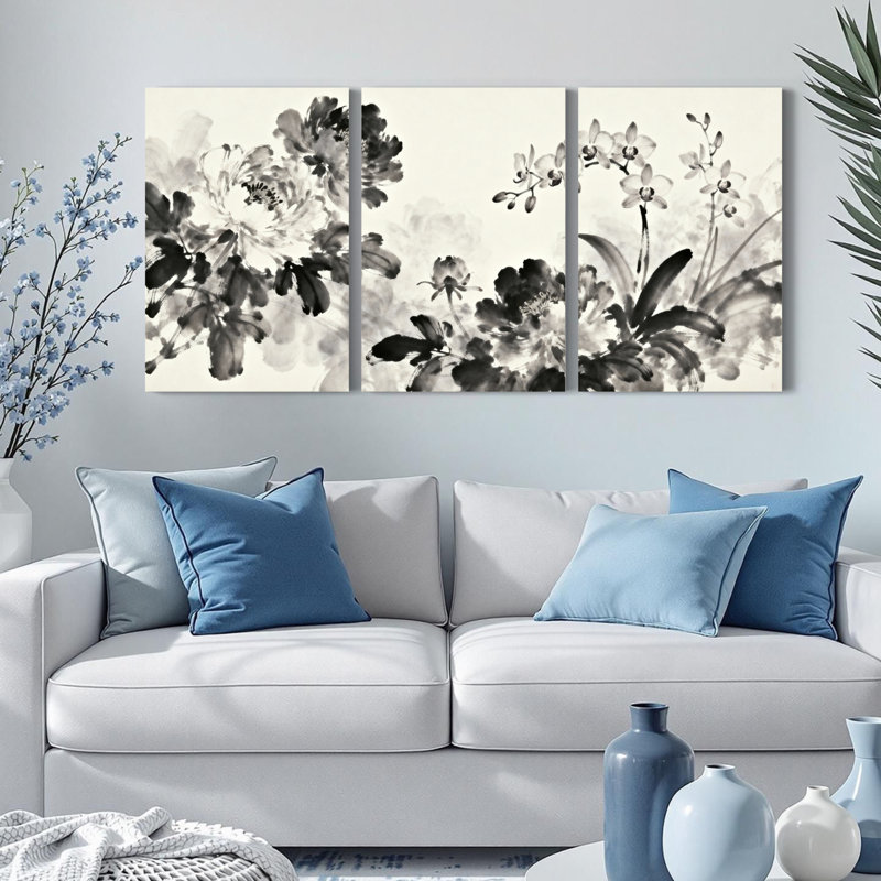 Reproduction d'art sur toile tendue à l'encre noire et blanche à motif floral noir et blanc (ensemble de 3)