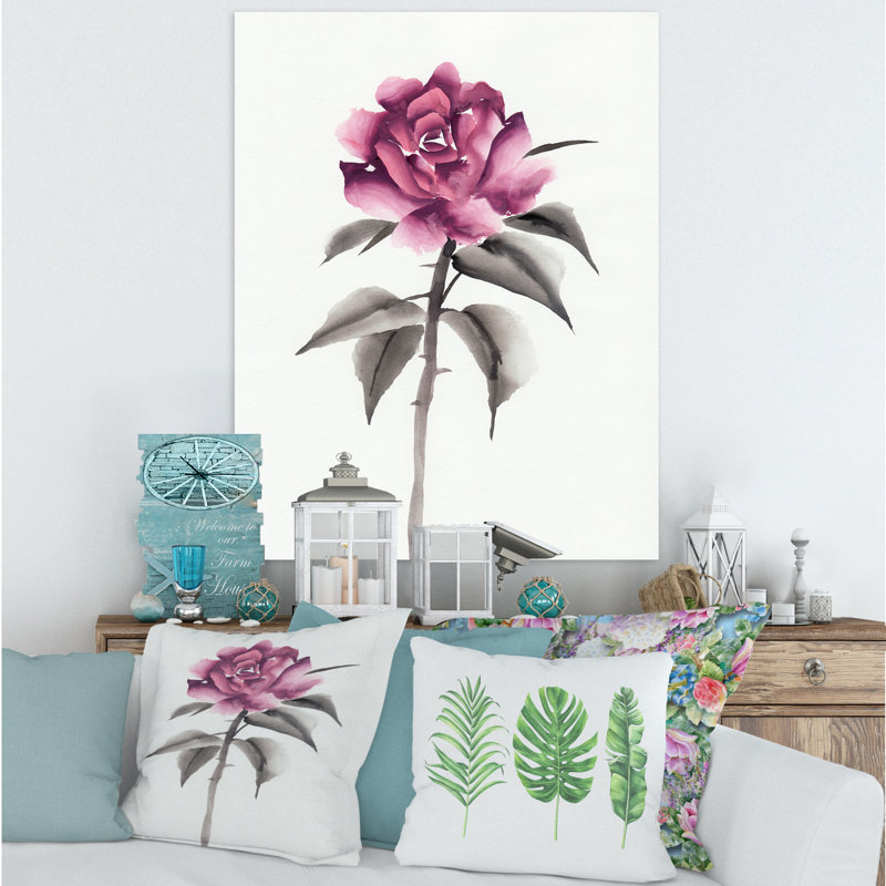 Fleur rose rétro - peinture sur toile, Toile tendue, H 40 po x l 30 po x P 1 po