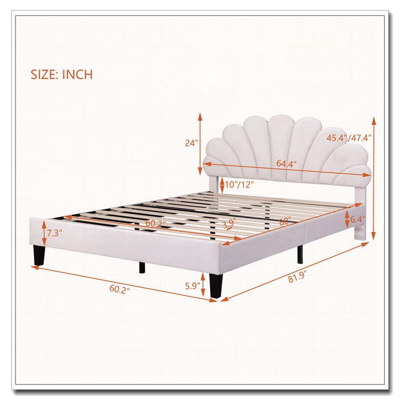Lit plateforme tapissier avec tête de lit en velours à motif floral, Grand, Beige
