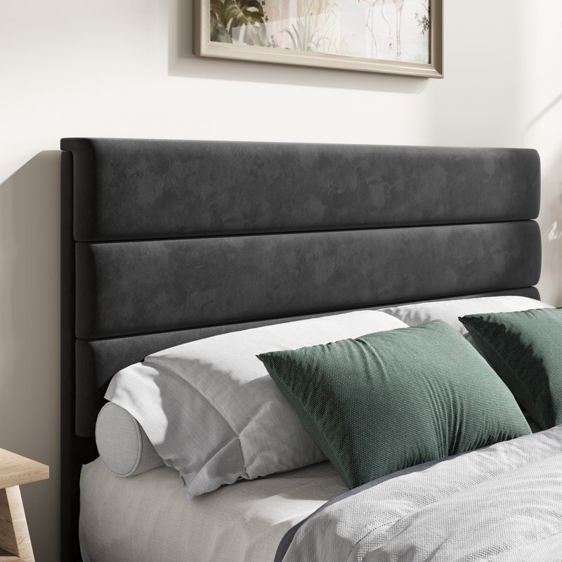 Lit plateforme Elison avec tête de lit tapissier en tissu et lattes en bois, Double, Noir