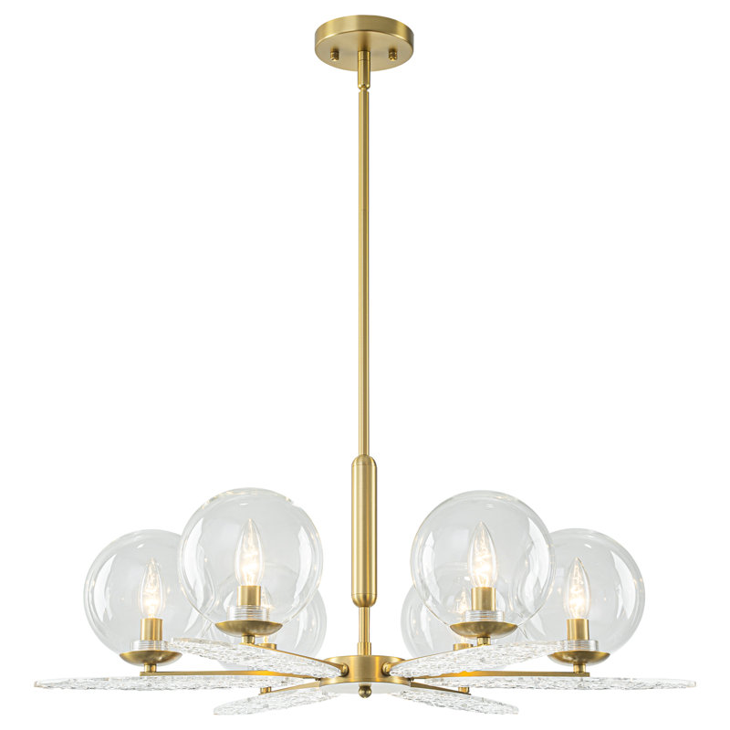 Lustre doré à 6 lumières avec globes en verre transparent et décorations en acrylique ondulé, luminaire suspendu moderne pour îlot de cuisine, hauteur réglable de 19,7 po à 74,8 po, compatible avec les plafonds inclinés, base E12, homologué ETL et UL