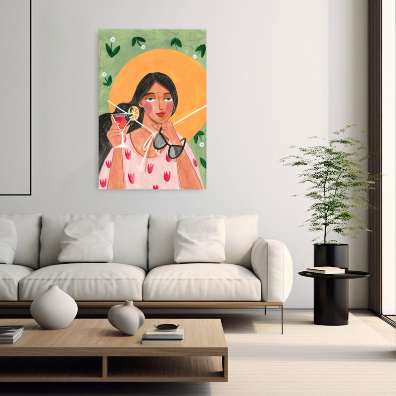 Abstract Modern Bohemian Woman With Cocktail Abstract Contemporary Flower Portrait Wall Art Print, 152.4cm H x 101.6cm W