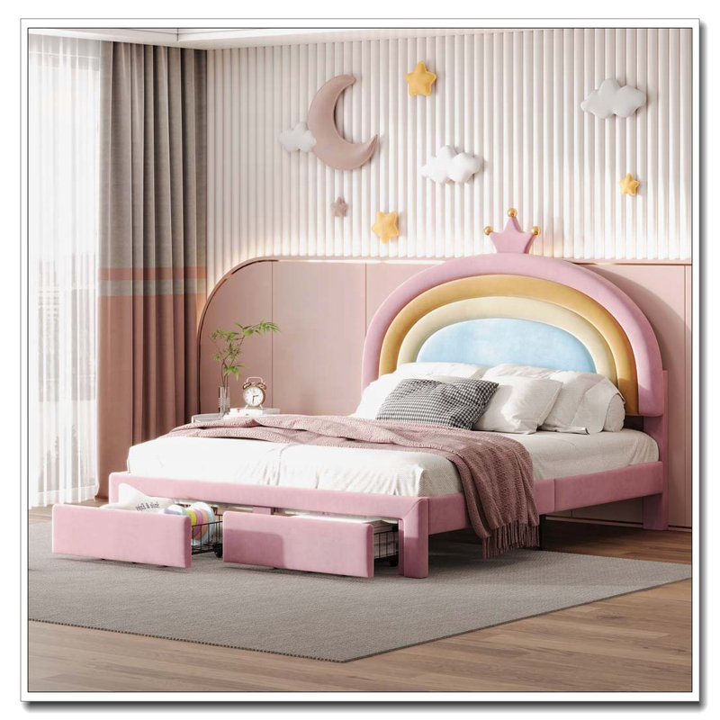 Lit plateforme tapissier en velours avec tiroir de rangement, Lit double