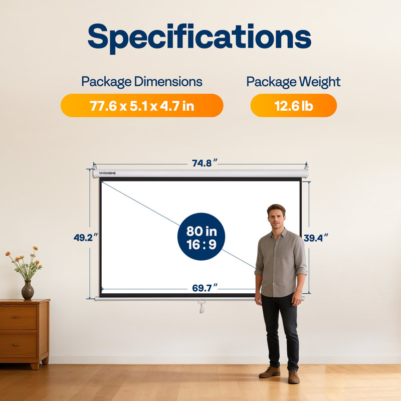 Écran de projecteur manuel monté au plafond, 80 po en diagonale (49 po x 74 po), White