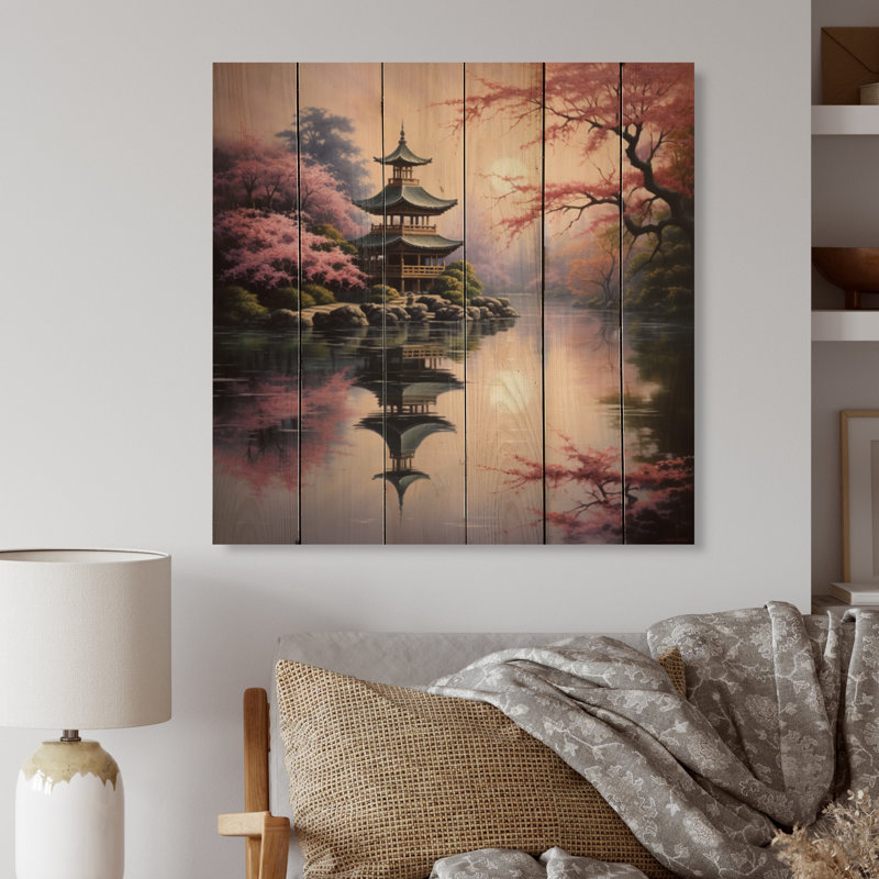 Art asiatique, pagode sereine sur impression sur bois, H 15 po x l 15 po x P 0,78 po