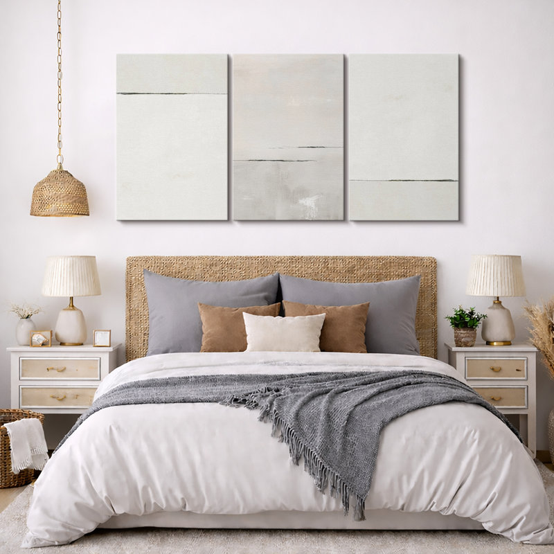"Minimalist" Beige & Gray Tunes, dessin abstrait de lignes d'horizon abstraites, images murales modernes neutres simples, impression sur toile encadrée, 3 pièces x 3 pièces