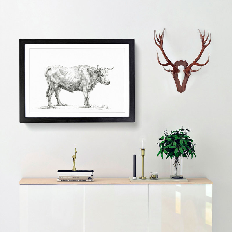 Sketch of a Bull by Jean Bernard - Picture Frame Drawing Print, 36cm H x 48cm W x 2cm D, Black Framed
