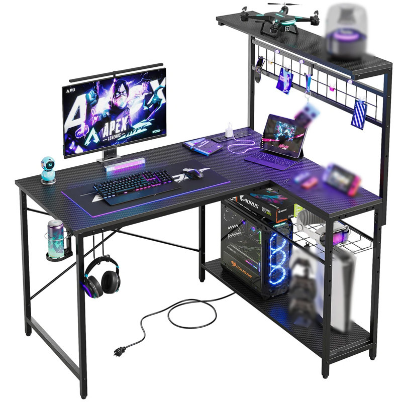 Zabarskaya Gaming Desk, Computer Desk with Power Outlets, LED Lights, Reversible Corner Desk with 4-Tier Shelves,Cup Holder & Hook Carbon Fiber