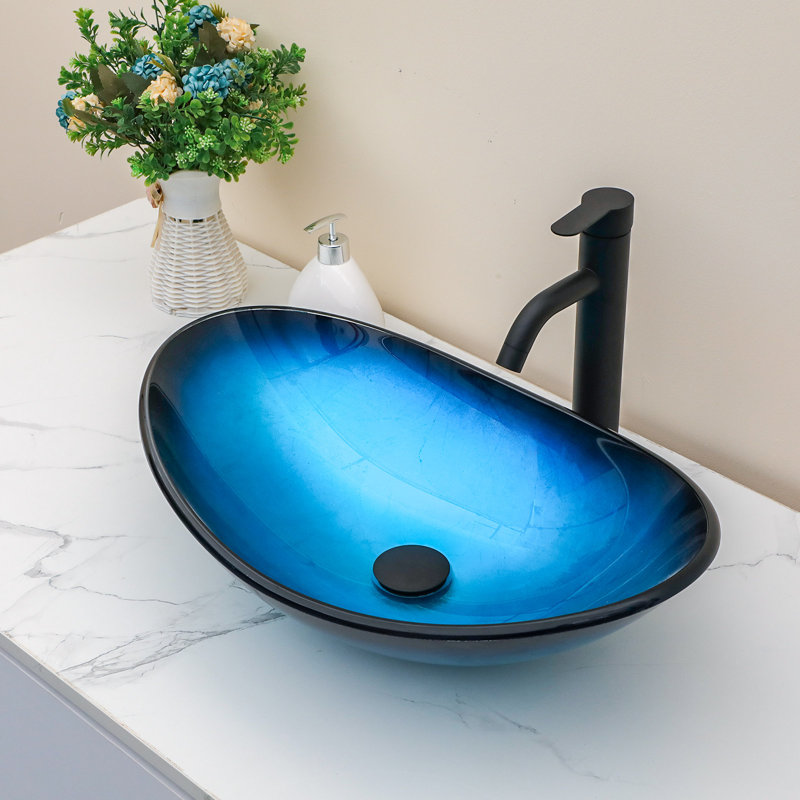 21.5" L Oval Glass Bathroom Sink Vessel Sink with Pop-Up Drain, Blue