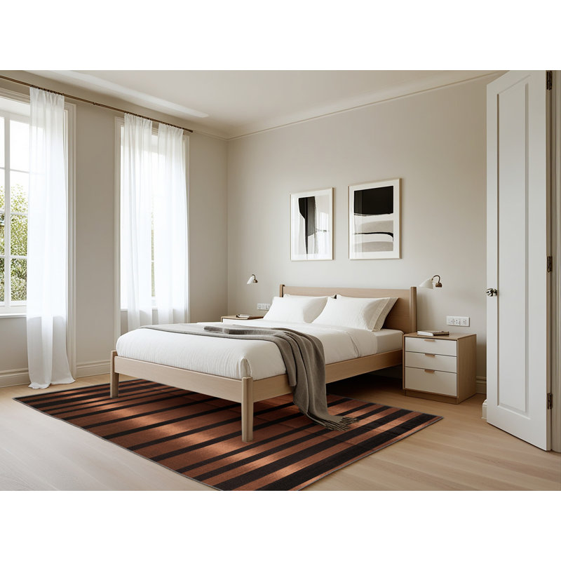 Machine Washable Horizontal Stripes Brown Area Rug, Rectangle 5' x 7'
