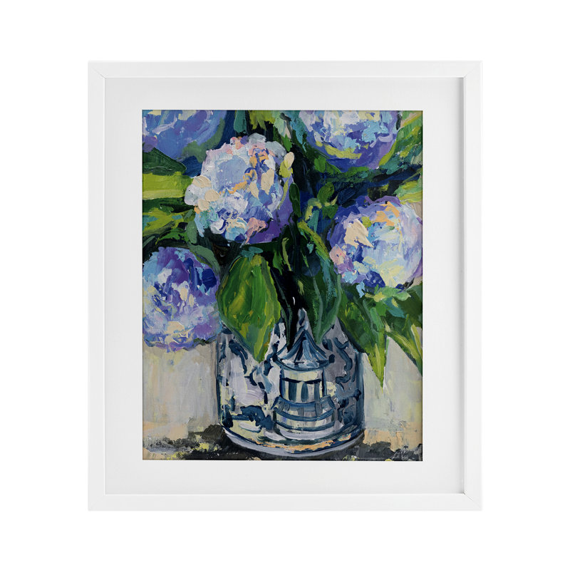 «Blue China Hydrangeas», reproduction d'art sous verre encadrée par Jeanette Vertentes, H 16 po x l 13 po, Cadre blanc côtier