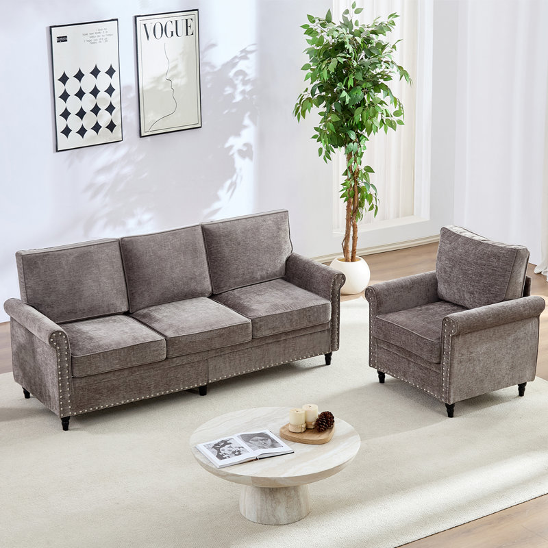Ensemble de canapé 77 "3 + 1 chenille avec pieds gourde et ressorts ensachés 77", Gris