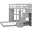 Lit superposé simple au-dessus d'un lit double avec espace de rangement supplémentaire - tablettes grises, tiroirs et escaliers à 3 niveaux pour améliorer l'utilisation de la chambre à coucher