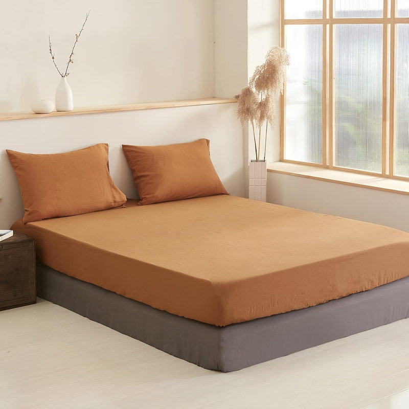 Linen Cotton Fitted Sheet, Rust, Queen Fitted Sheet