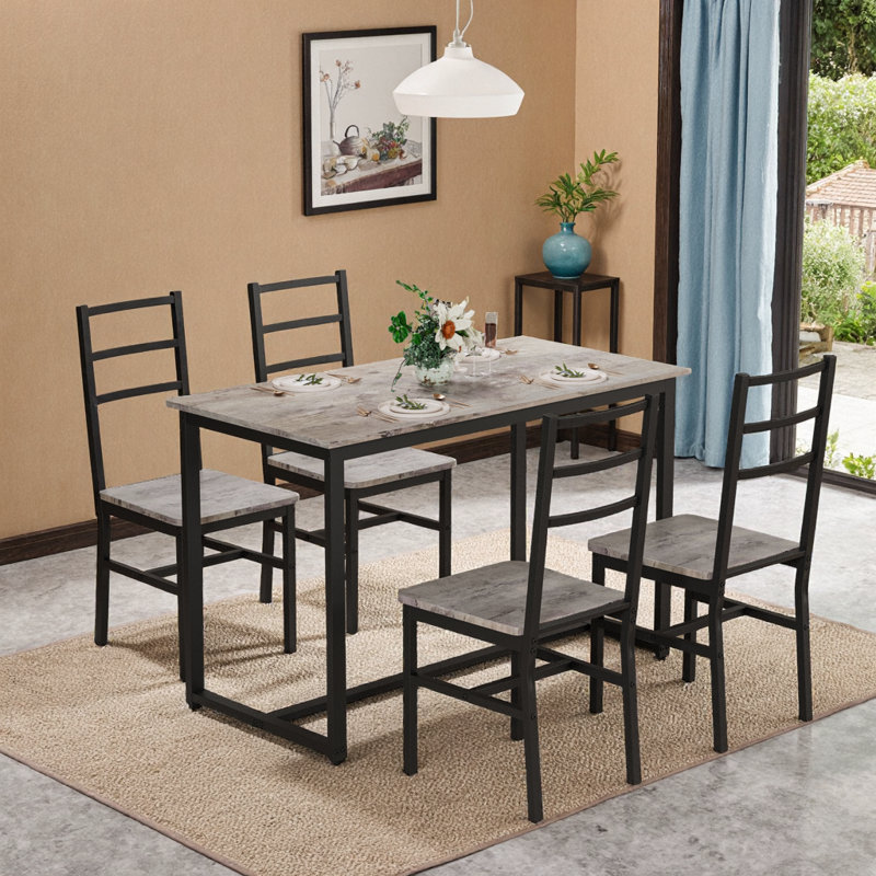 Five-piece set table and chair with backrest, industrial style, solid structure, Brown/Black, Black, null