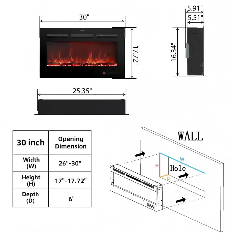 Electric Fireplace Inserts, Fireplace Heater for Indoor Use with Remote Control, 17.70" H x 30" W x 5.50" D