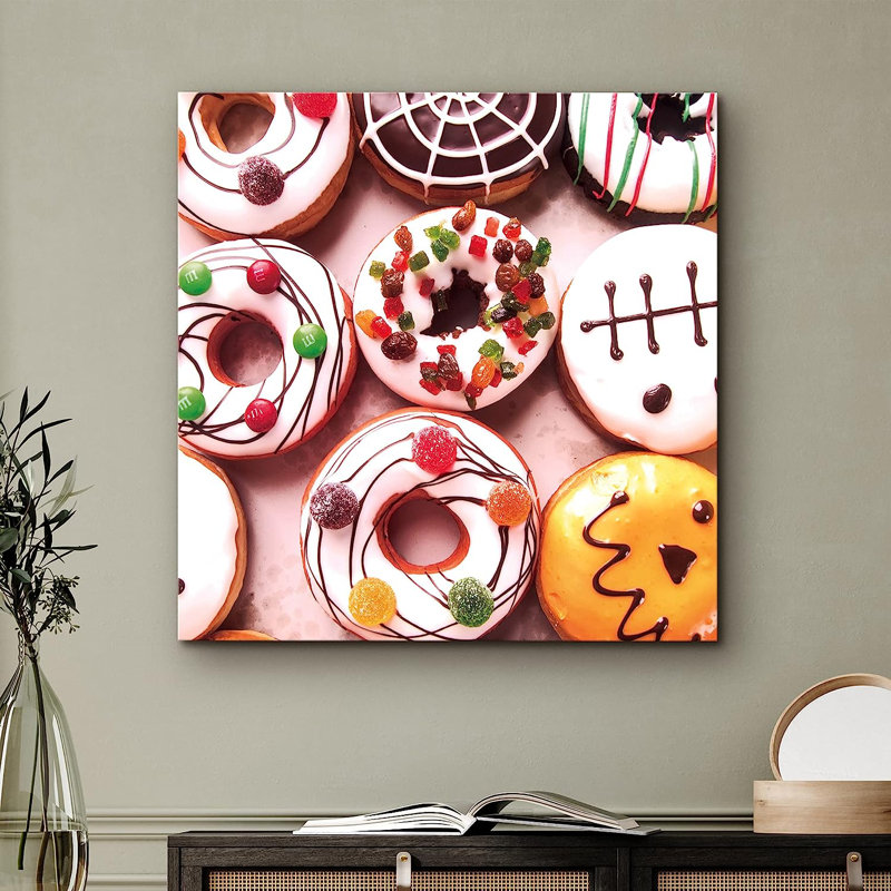Impression sur toile tendue avec beignets blancs glacés colorés, H 12 po x l 12 po x P 1,5 po