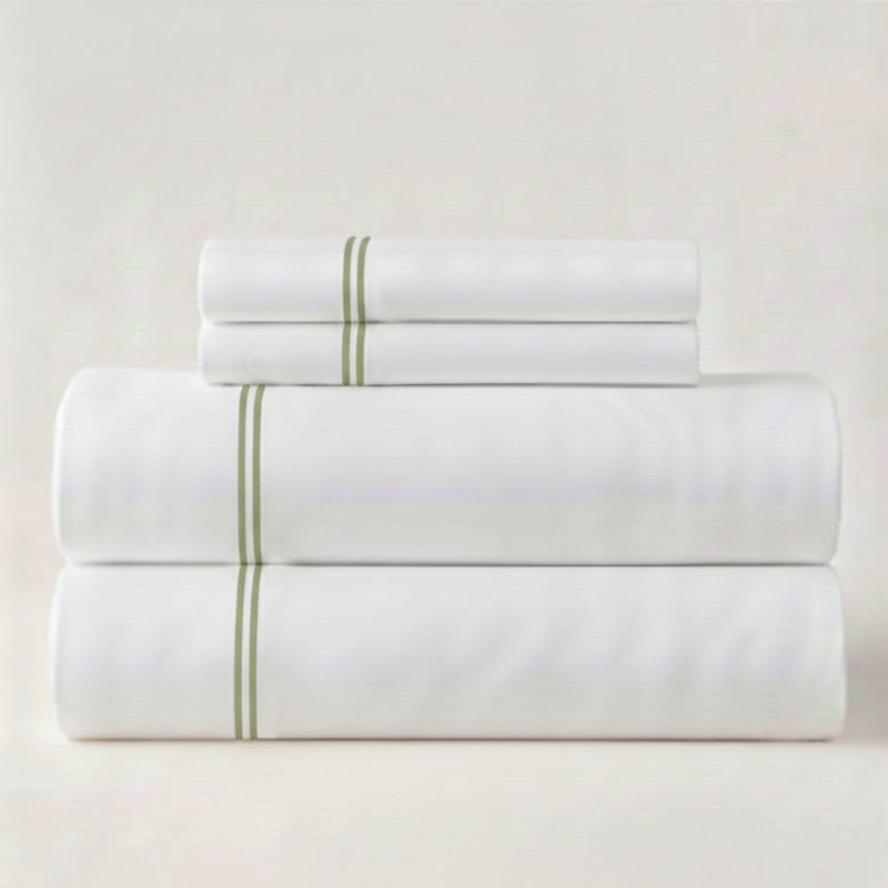 500TC Cotton Double Embroidery Sateen Solid Cotton 4 Piece Sheet Set Fitted Sheet Fits Upto 16" Deep Pocket, Sage Border