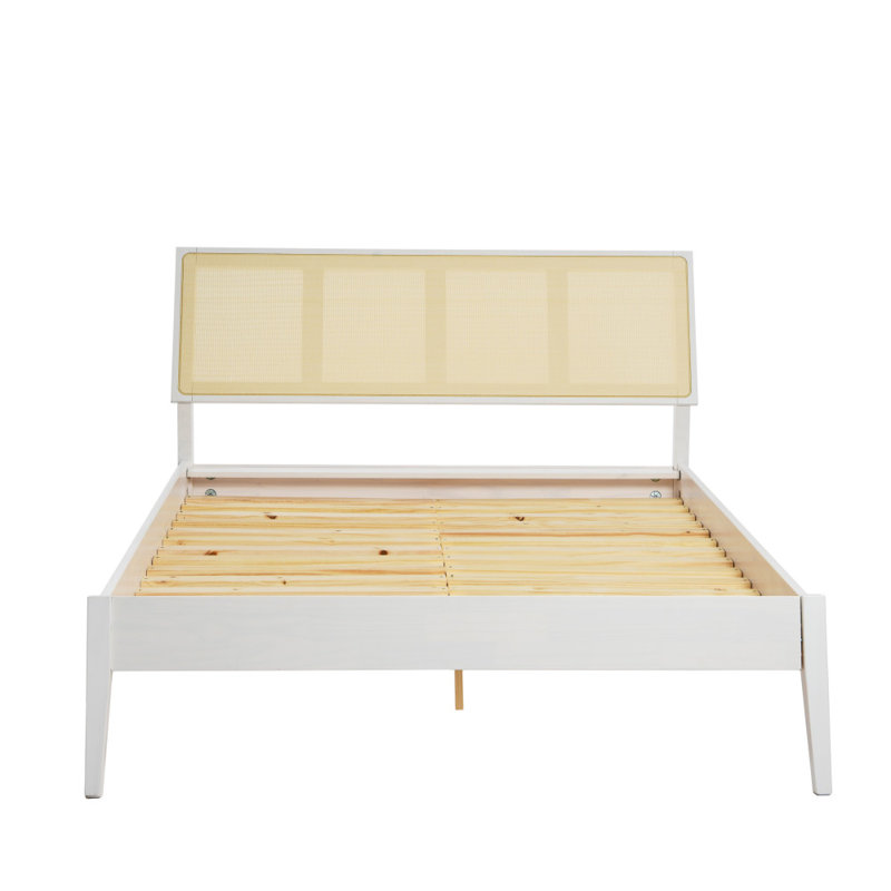 Crawford Modern Solid Wood Bed with Woven Cane Headboard, Queen, White