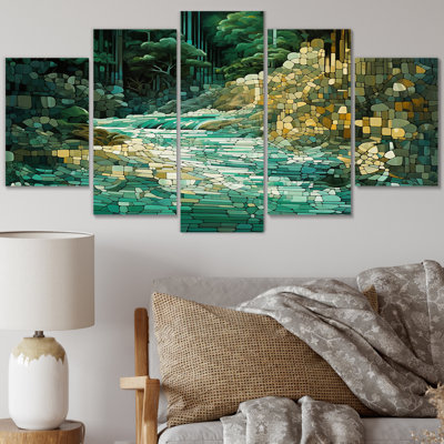 Abstrait forêt émeraude sauvage rivière I - Lacs et rivières, art mural salon - 5 panneaux