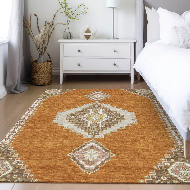 Copper and Beige Rectangular Synthetic Medallion Rug