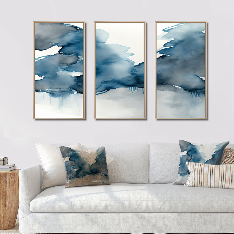 «Feeling Honolulu Blue II», ensemble d'art mural abstrait à l'encre liquide, H 32 po x l 48 po x P 1 po