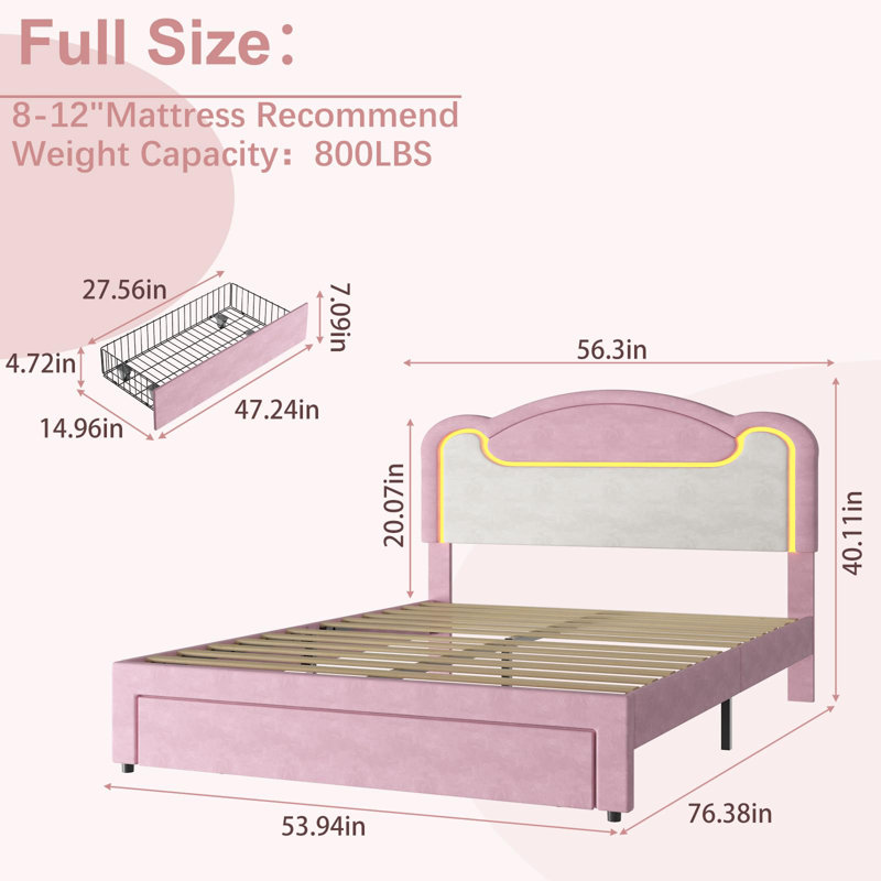 Princess Bed Frame for Girls with LED Lights – Full Size Upholstered Headboard – Storage Drawers – Wood Slats – No Box Seasonal Needed – Pink and White