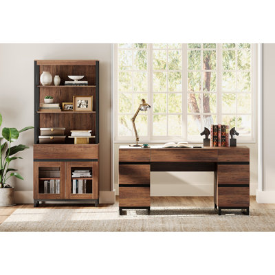 WAMPAT Home Office Furniture Set: 59In Modern Executive Desk With Charging Station & Drawers And 72In Tall Bookcase With Storage Cabinet, Home Office Furniture For Living Room