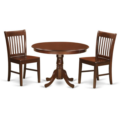 3 Piece Dining Table Set for Small Spaces Contains a Round Dining Room Table with Pedestal and 2 Wooden Seat Chairs, Mahogany