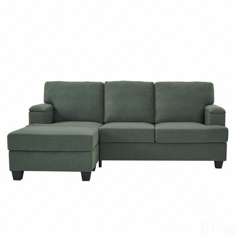 3-Seater Linen Sofa with Storage Armrest & Storage Ottoman - Green, Dark Green Linen
