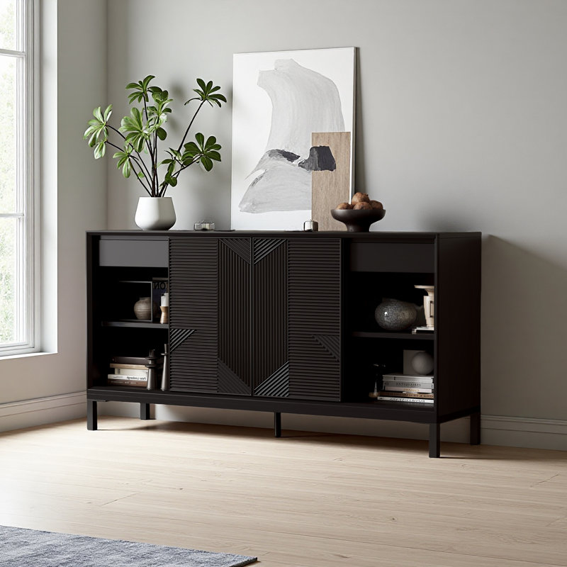 Armoire d'appoint géométrique moderne Mirod, conception à rayures verticales avec portes coulissantes, plateau en placage de bois de haute qualité et rangement spacieux avec deux tiroirs, fabrication robuste et durable