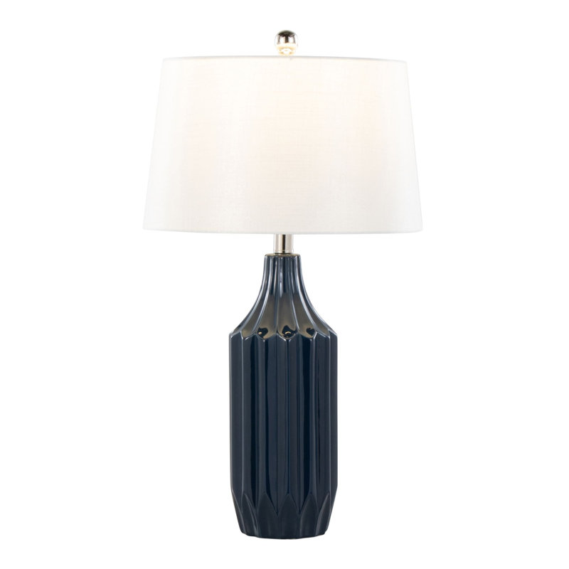 Lampe de table 23 po contemporaine en céramique bleu foncé lustré avec abat-jour blanc