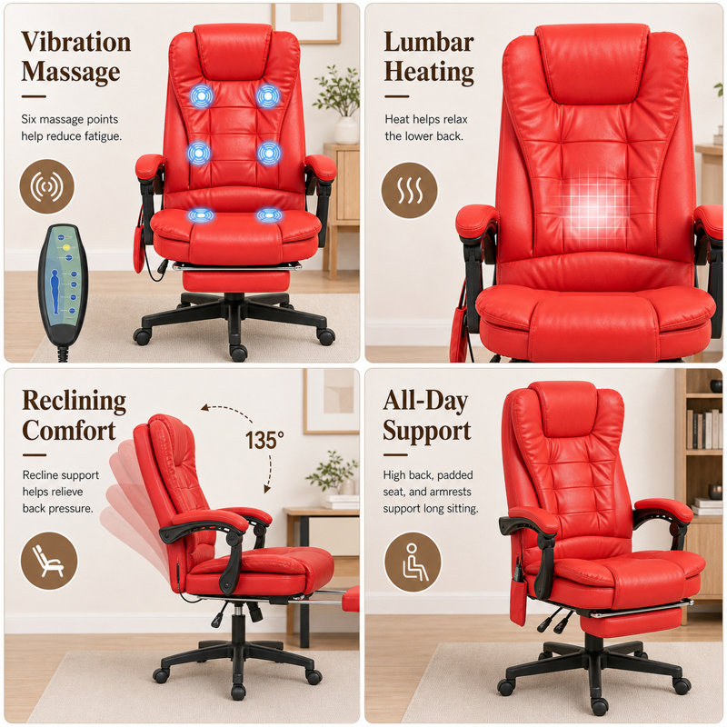 Durable Cozy Heated Massage Office Desk Chair, Heated Reclining Computer Chair with 6 Vibration Points, Armrest and Remote