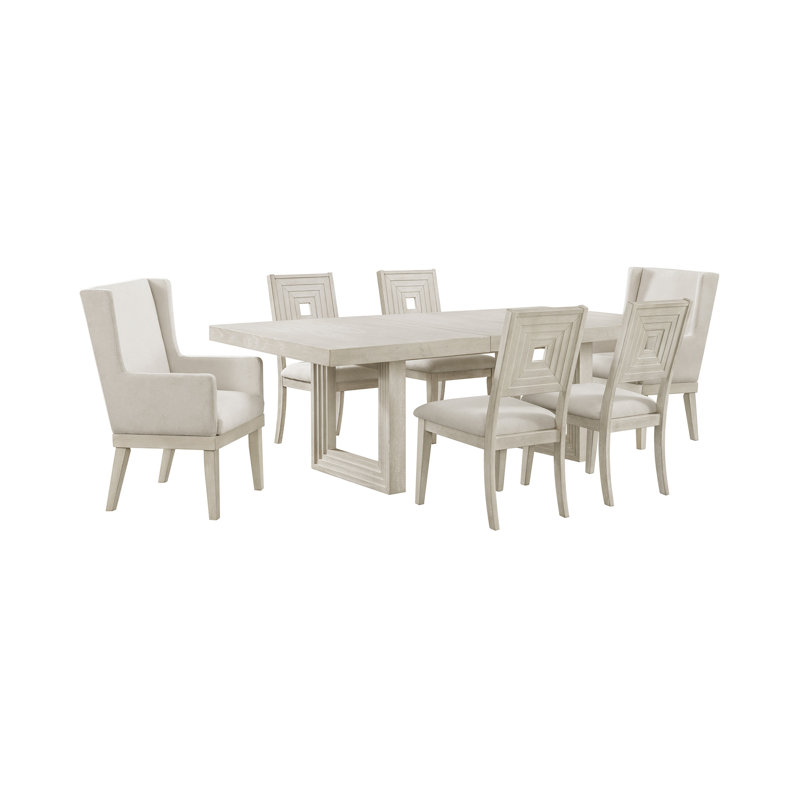 Ensemble de salle à manger Rhiannon 7 pièces, hauteur standard, blanc antique : table, quatre chaises et deux fauteuils.