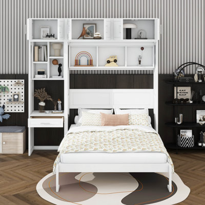 Lit escamotable double avec garde-robe et armoire supérieure, lit escamotable en bois avec tablettes