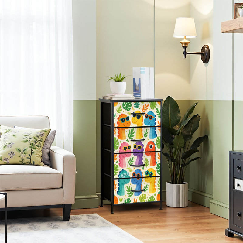 Commode 4 tiroirs pour chambre à coucher, commode étroite, plateau en bois et structure en fer 18 "x 37,5" - (H x H) - avec motif de feuilles de lunettes de soleil de dinosaures