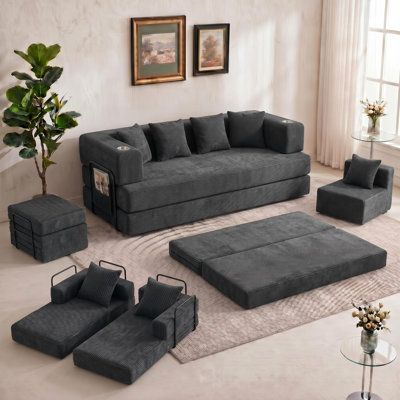 79" 5-in-1 Convertible Corduroy Floor Sofa Bed, Armless Deep Seat Sleeper Couch with 4 Pillows & 2 Cup Holders, Space Saving Furniture for Living Rooms & Small Apartments, Pink Finish