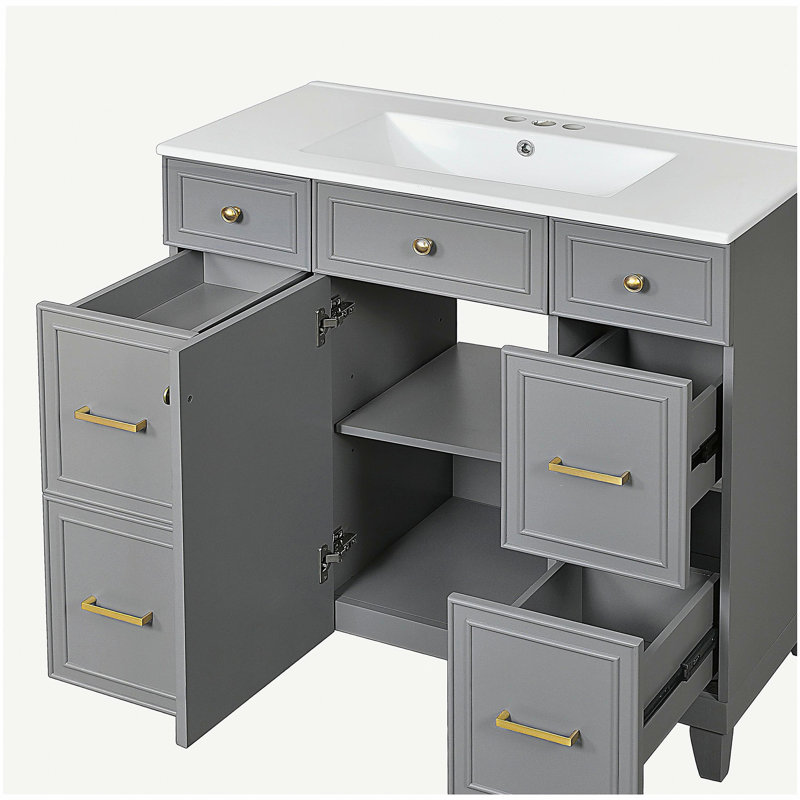 Lavabo de salle de bain 36 po avec lavabo en céramique, structure en bois massif, porte à fermeture en douceur, tablettes réglables, 3 tiroirs, y compris un tiroir double pour le rangement du sèche-cheveux