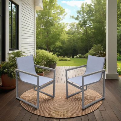Herra Outdoor Patio Dining Chair In Gray Powder Coated Finish With Gray Sling Textilene And Gray Wood Accent Arms - Set Of 2